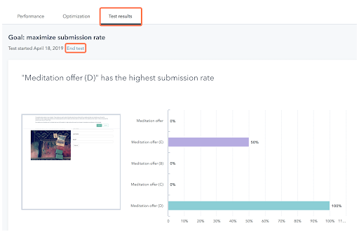 HubSpotによるウェブサイトの適応型テストの結果を示すレポート