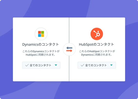 HubSpotとMicrosoft Dynamicsなどの他のCRMソフトウェアの間でコンタクトを双方向同期するHubSpot UIのイラスト