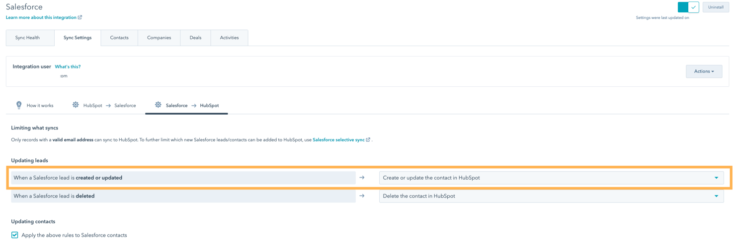 選択型同期の設定—Salesforceリードが作成または更新されたときHubSpotで作成する