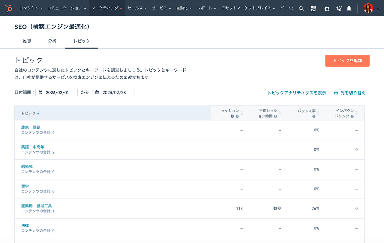 HubSpotのSEOツールのトピックに関する推奨事項画面