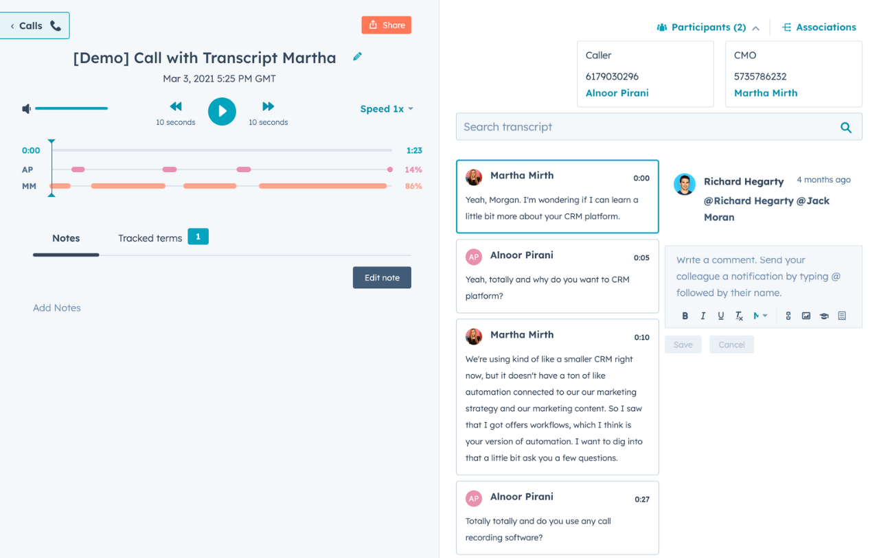 HubSpotのコミュニケーション インテリジェンス ツールのチームのパフォーマンス機能